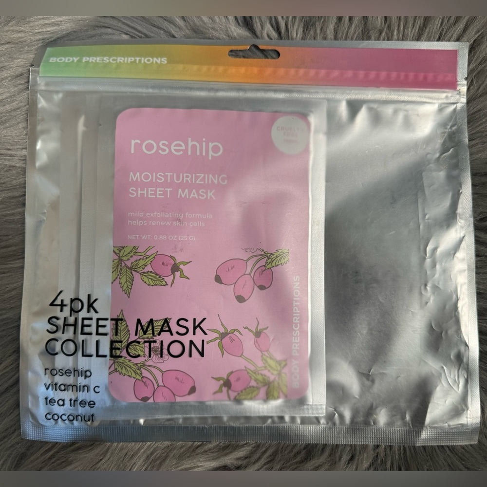 Body Prescriptions 4 Pk Sheet Mask Collection Rosehip Vitamin C Tea Tree Coconut